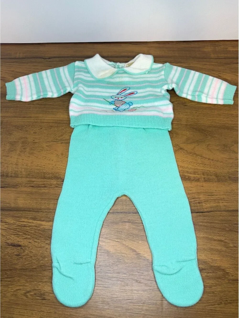 Vintage Novelty Knit Baby Sweater & Footed Pants Set Bunny Knit Outfit